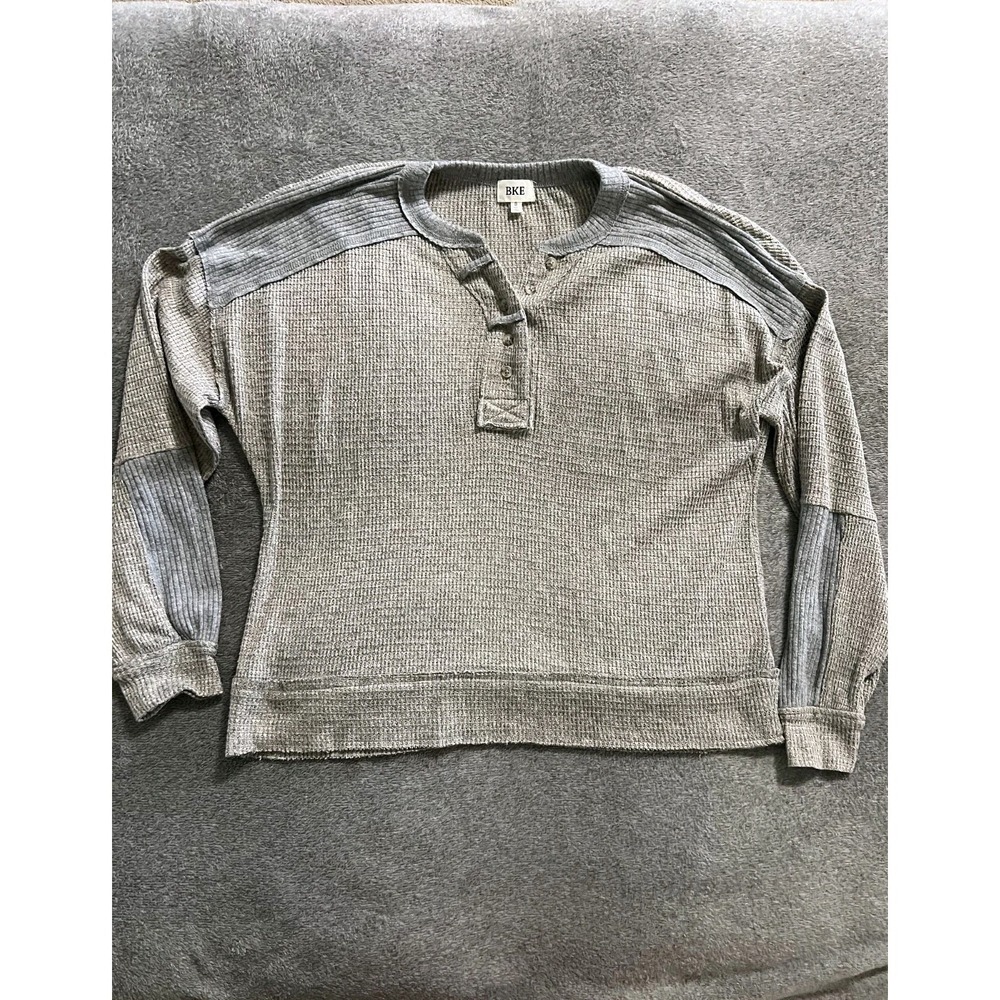 BKE Pullover Shirt Womens Small Gray Textured Henley Long Sleeve Casual Cotton